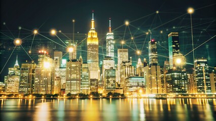 Obraz premium New York City skyline with skyscrapers and bridges at night.