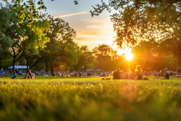A group of people are sitting on a grassy field, enjoying the sun.