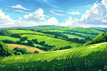 Obraz premium A beautiful green field with a few trees in the background.