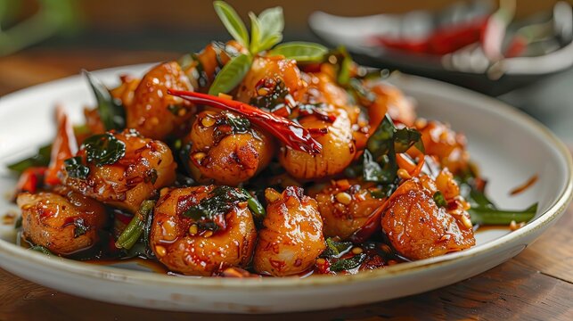 Stir Fried Spicy Fish Balls Spicy stir fry clown featherback fishball in a plate