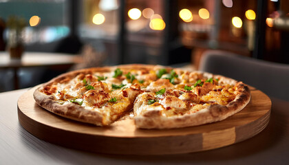 Delicious chicken pizza on wooden tray at cozy cafe. Tasty fast food. Cooking and culinary concept.