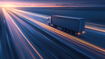 Fototapeta premium A truck drives swiftly along a highway at dusk, leaving a trail of streaking lights, symbolizing speed and long-haul transportation.