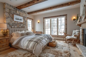 Cozy Rustic Bedroom A cozy bedroom with exposed wooden beams, a large bed with a plaid comforter, and a stone fireplace. Add a fluffy rug and a wooden rocking chair by the window. 