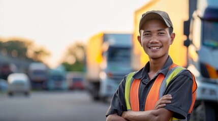 Confident Southeast Asian Man in Work Vest and Cap Standing in Front of Trucks, Logistics Concept