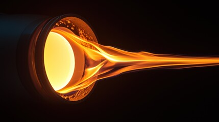 Dramatic image of a fiery stream emerging from a cylinder with a dark background, showcasing dynamic light and motion.