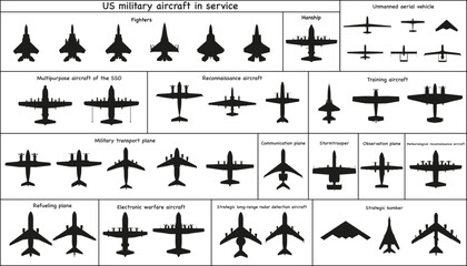A set of American military aircraft of different types. Black silhouettes. Vector graphics.