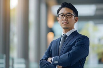 Fototapeta premium Serious and elegant Asian businessman in a suit, standing confidently amidst urban city buildings, embodying success and professionalism in his career.