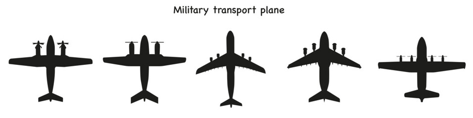 Set of American military transport aircraft. Dark silhouettes. Vector graphics.