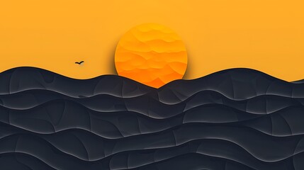Golden sun rising over the sea, black waves, gradient yellow and orange background, minimalistic