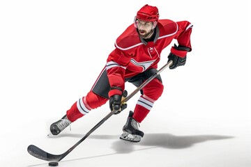 Fototapeta premium A competitive young hockey player in a professional uniform, helmet, and skates, actively playing on the ice.