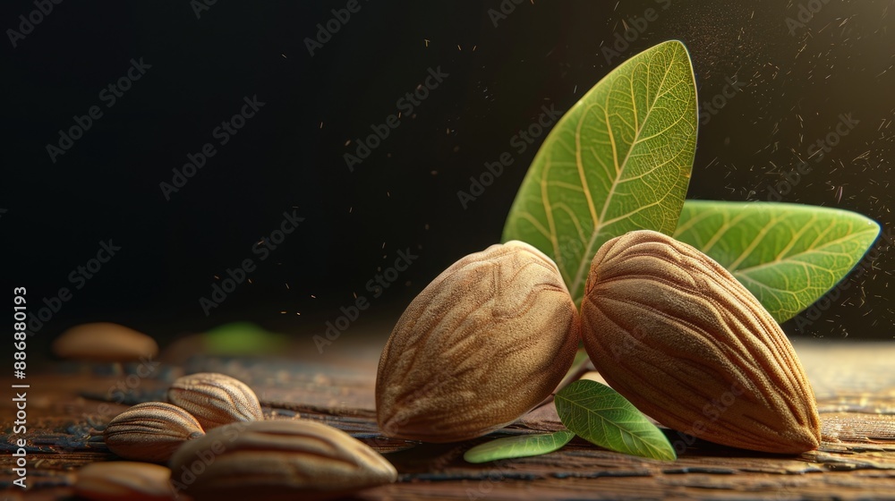 Aufkleber a collection of various nuts accompanied by leaves on a table