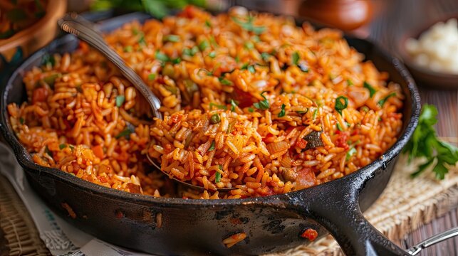 Spoon of Jollof rice in a cast iron skillet homemade party nigerian jollof rice in a skillet overhead view of authentic homemade west african jollof rice