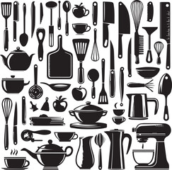 Kitchen Tools Silhouette Of Bundle, Black Color Isolated On White Background Vector And White Background