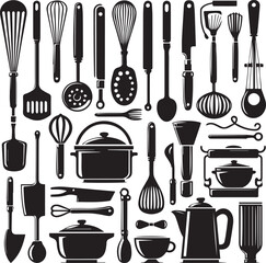 Kitchen Tools Silhouette Of Bundle, Black Color Isolated On White Background Vector And White Background