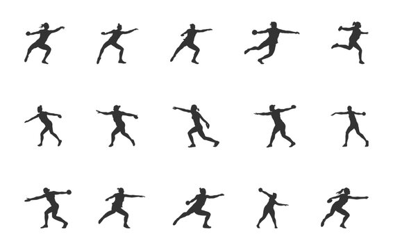 Women discus thrower silhouette, Discus silhouettes, Female discus silhouette, Discus thrower svg, Discus svg, Female thrower svg, Female player vector set. 
