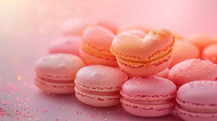 Obraz premium A close-up of tropical sunset macarons, with gradients of coral, pink, and orange, arranged in a heart shape. The background is a soft-focus, pastel-colored gradient,