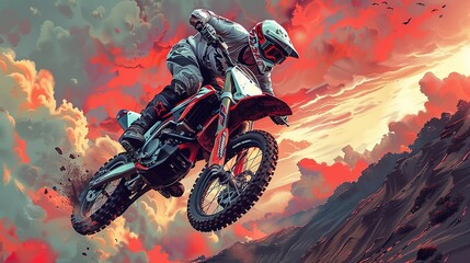 High-octane illustration of a stunt performer flipping through the air on a motocross bike, showcasing aerial stunts and adrenaline-fueled action. Illustration, Image, , Minimalism,