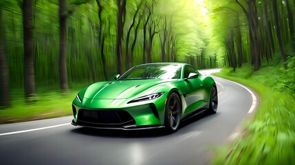 A green sports car speeds through a lush green forest along a curved asphalt road. Dynamic motion...