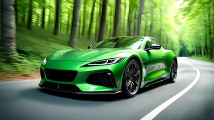 A green sports car speeds through a lush green forest along a curved asphalt road. Dynamic motion blur adds spectacle to the scene. Automotive design and automobile production concept