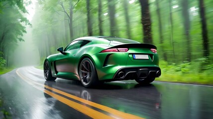 A green sports car speeds through a lush green forest along a curved asphalt road. Dynamic motion blur adds spectacle to the scene. Automotive design and automobile production concept