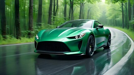 A green sports car speeds through a lush green forest along a curved asphalt road. Dynamic motion...