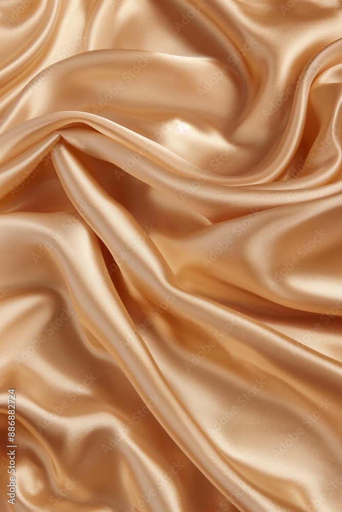Aufkleber Smooth silk fabric texture close-up. Natural light brown color with subtle sheen. Folded half revealing intricate patterns. Blurred background focuses on fabric depth.