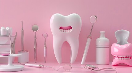 Dental Care Essentials Displayed in a Pink-Themed Setting