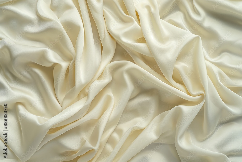 Poster close-up view of crumpled beige fabric with textured surface. fabric takes center stage against blur