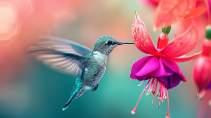 Naklejka premium A hummingbird hovers before a crisp fuchsia flower against an out-of-focus hummingbird background