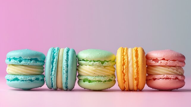 A side view of candy crush macarons lined up in a row, showcasing the bright candy colors of turquoise, magenta, lime green, and orange. The background is a gradient of soft pastel colors,