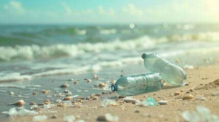 Obraz premium Plastic bottles littering beach space recycling challenge
