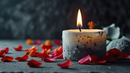 Free Photo white candle new a rose flower on stone panoramic background.