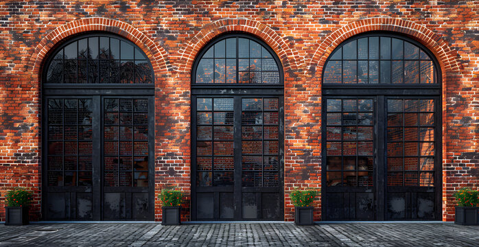 Three arched windows with black frames and a brick building - Powered by Adobe