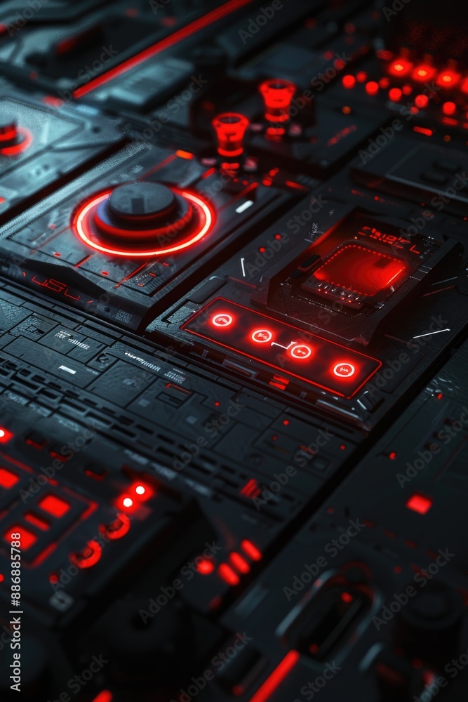 Poster A close-up shot of a control panel with red lights indicating activity