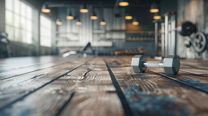 Tabletop background with empty space for your decor, set against a gym interior.