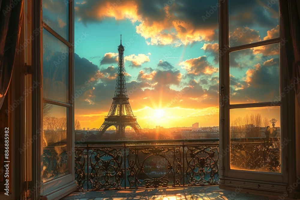 Poster a view of the eiffel tower from inside a room, possibly a hotel or apartment window