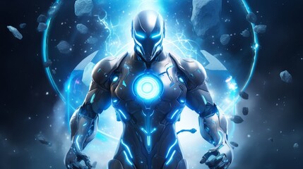 Superhero stands in blue energy field