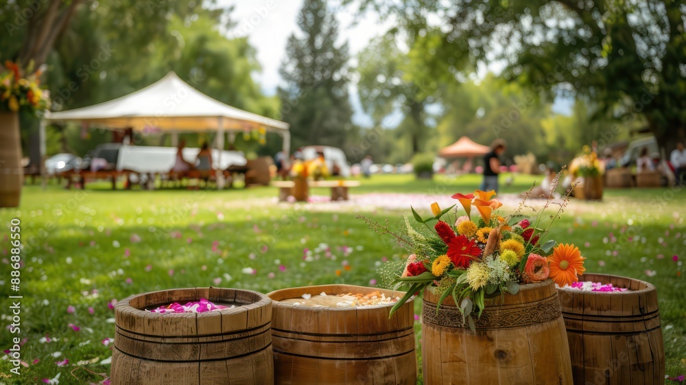Leinwandbilder a group of flower pots are arranged in a field, with a tent in the background. scene is peaceful and