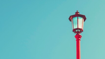 Vintage gaslight street lamp on tall red wooden pole against clear summer sky