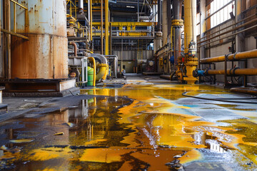 Chemical spill in a factory, with hazardous materials spilling toxic onto the floor. Danger dirty area infected chemical leak spill. Hazard emergency response concept