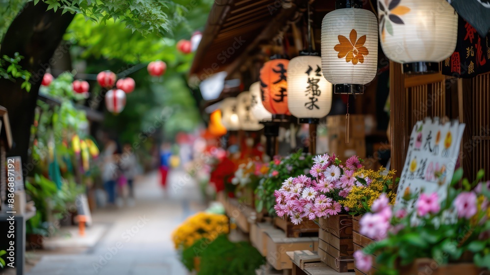 Poster a street with many lanterns and flowers. the lanterns are hanging from the ceiling and the flowers a
