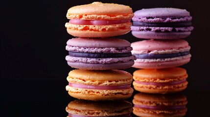 A stack of sunset glow macarons on a reflective black surface, with vivid warm hues of orange, pink, and purple. Dramatic,