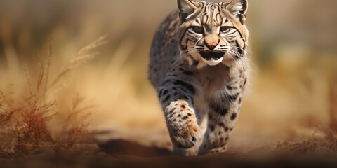 Fototapeta premium An Iberian lynx walking directly toward the camera through dry golden grass in a sunny, arid landscape.