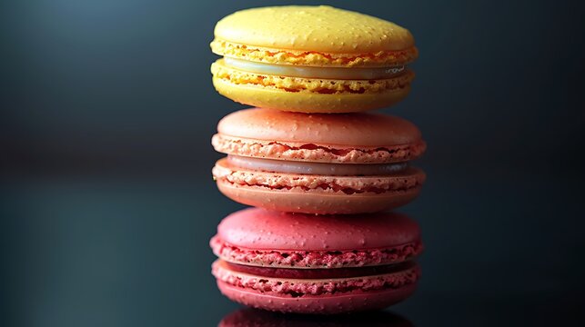 A stack of tropical paradise macarons on a reflective black surface, with vivid bright colors of pineapple yellow, flamingo pink, and palm green. Dramatic,