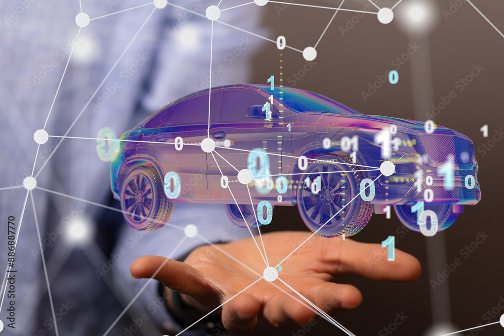 Poster autonomous car with hud graphic of navigation system driving