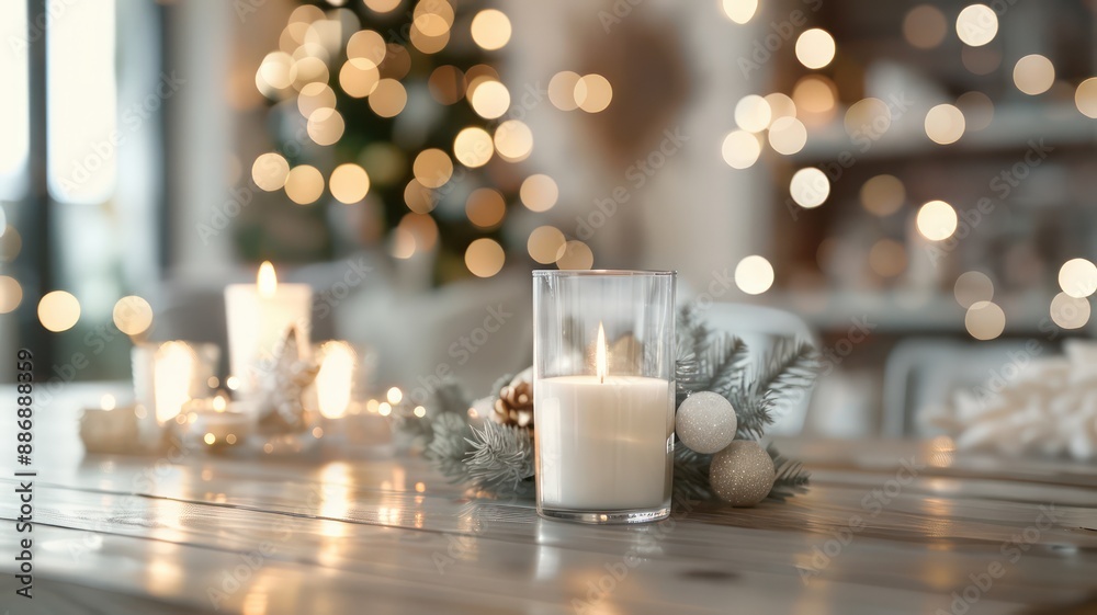 Poster A table with a candle in a glass and a Christmas tree in the background. The candle is lit and the tree is decorated with lights. The scene is cozy and festive, creating a warm and inviting atmosphere