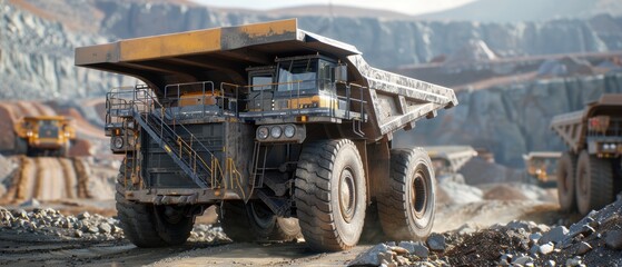 Industrial Load: Enormous dump truck hauling ore in open-pit mine, rolling hills on horizon