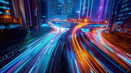 dynamic and modern image of a smart digital city with high speed light trail of cars, highlighting the importance of efficient digital data transfer in a futuristic urban landscape