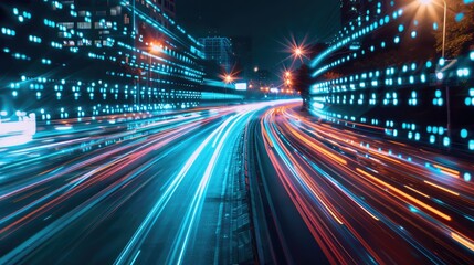 Fototapeta premium rapid transfer of digital data represented by high speed light trail of cars in a futuristic smart digital city with a dynamic and modern atmosphere