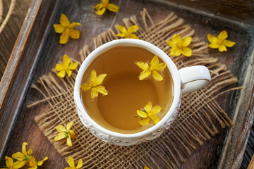 St. John's wort or Hypericum flower tea in a white porcelain cup